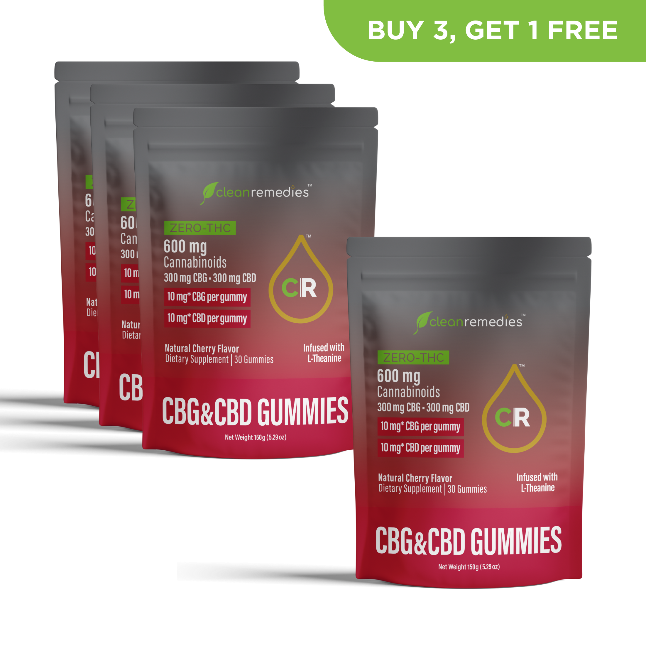 Three packages of Clean Remedies CBG&CBD Gummies with a promotional banner on a white background.