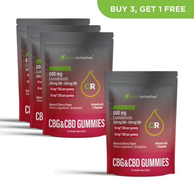 Three packages of Clean Remedies CBG&CBD Gummies with a promotional banner on a white background.