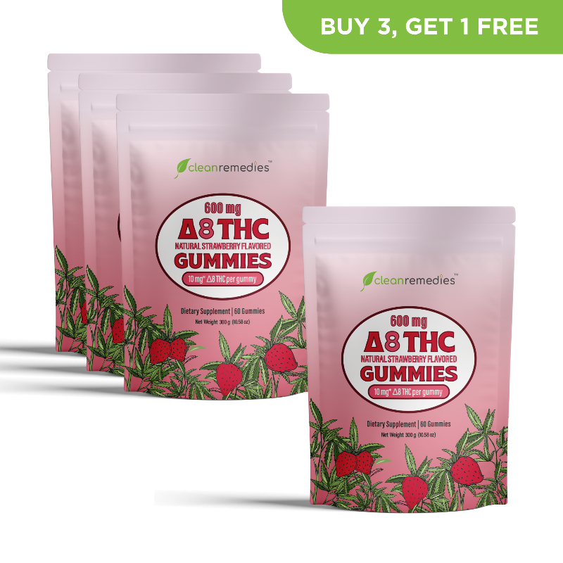 Pink packages of A8 THC Gummies with green leaves and red berries on a white background. - 60 Gummies