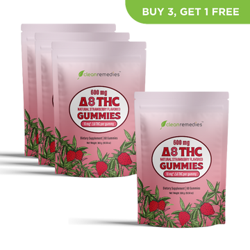 Pink packages of A8 THC Gummies with green leaves and red berries on a white background.