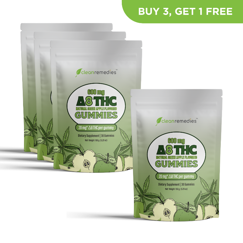 Packaging of Clean Remedies A8 THC Gummies with promotional text on a white background
