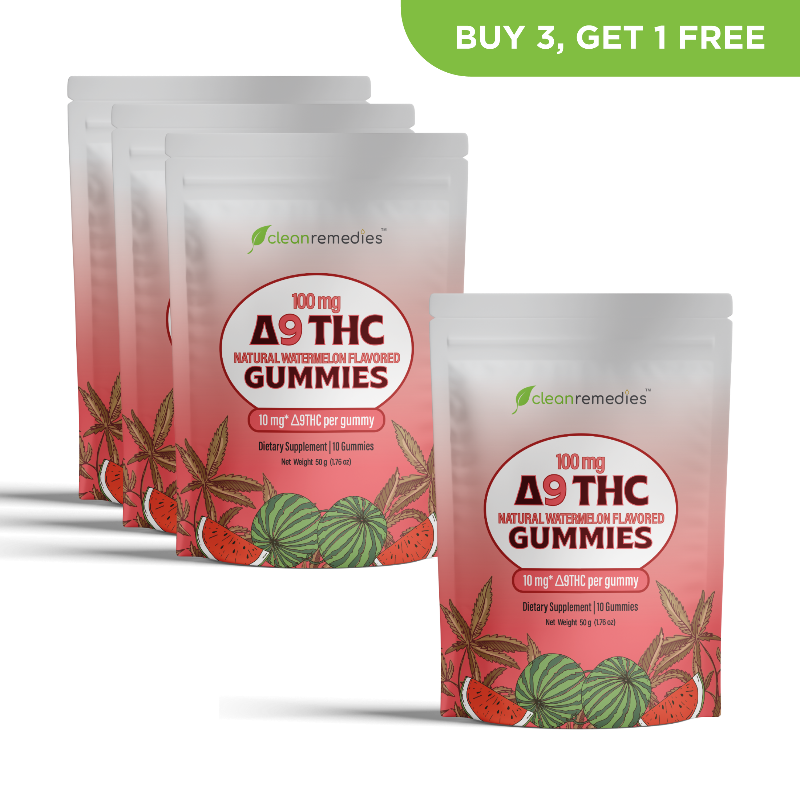 Packaging of THC gummies with a promotional offer on a white background