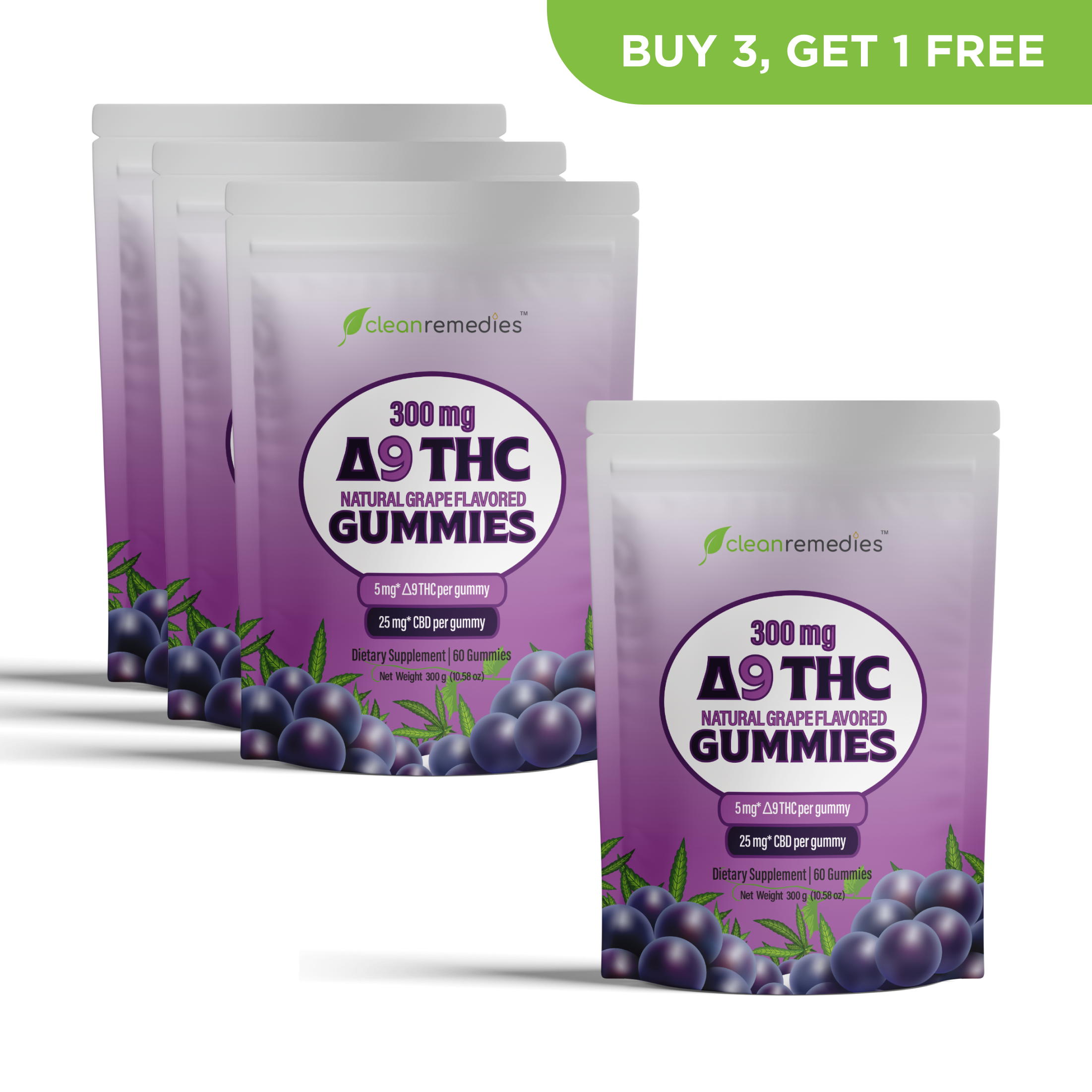 Packages of THC gummies with a promotional offer on a white background - 60 Gummies