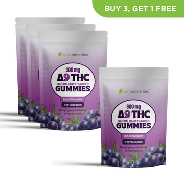 Packages of THC gummies with a promotional offer on a white background