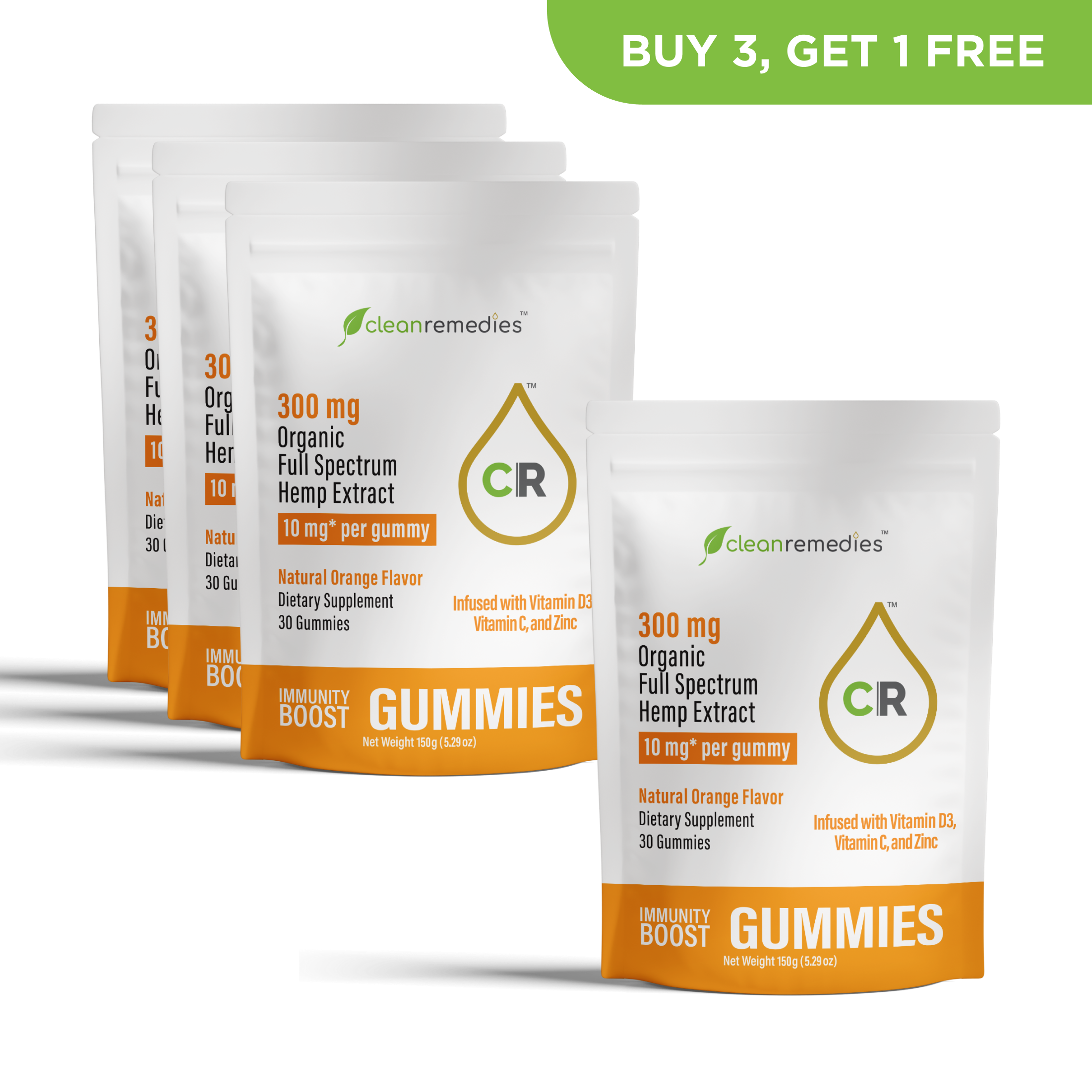 Clean Remedies Gummies packaging with a 'Buy 3, Get 1 Free' offer on a white background.
