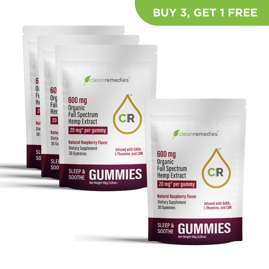 Three packs of Clean Remedies Gummies with a promotional banner above them. - 30 Count / 600mg