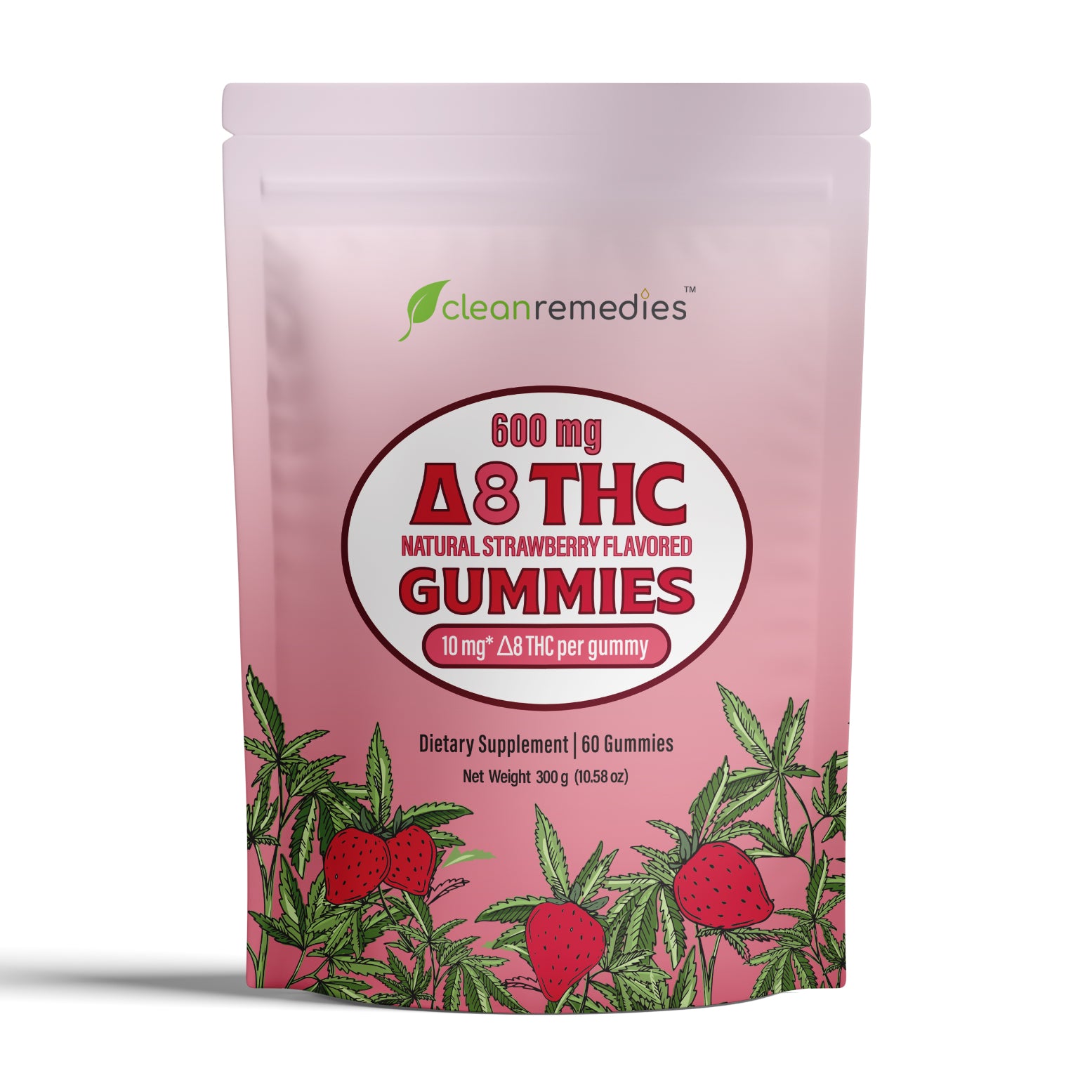 Pink package of clean remedies D8 THC gummies with strawberry flavor on a white background - 60 Gummies