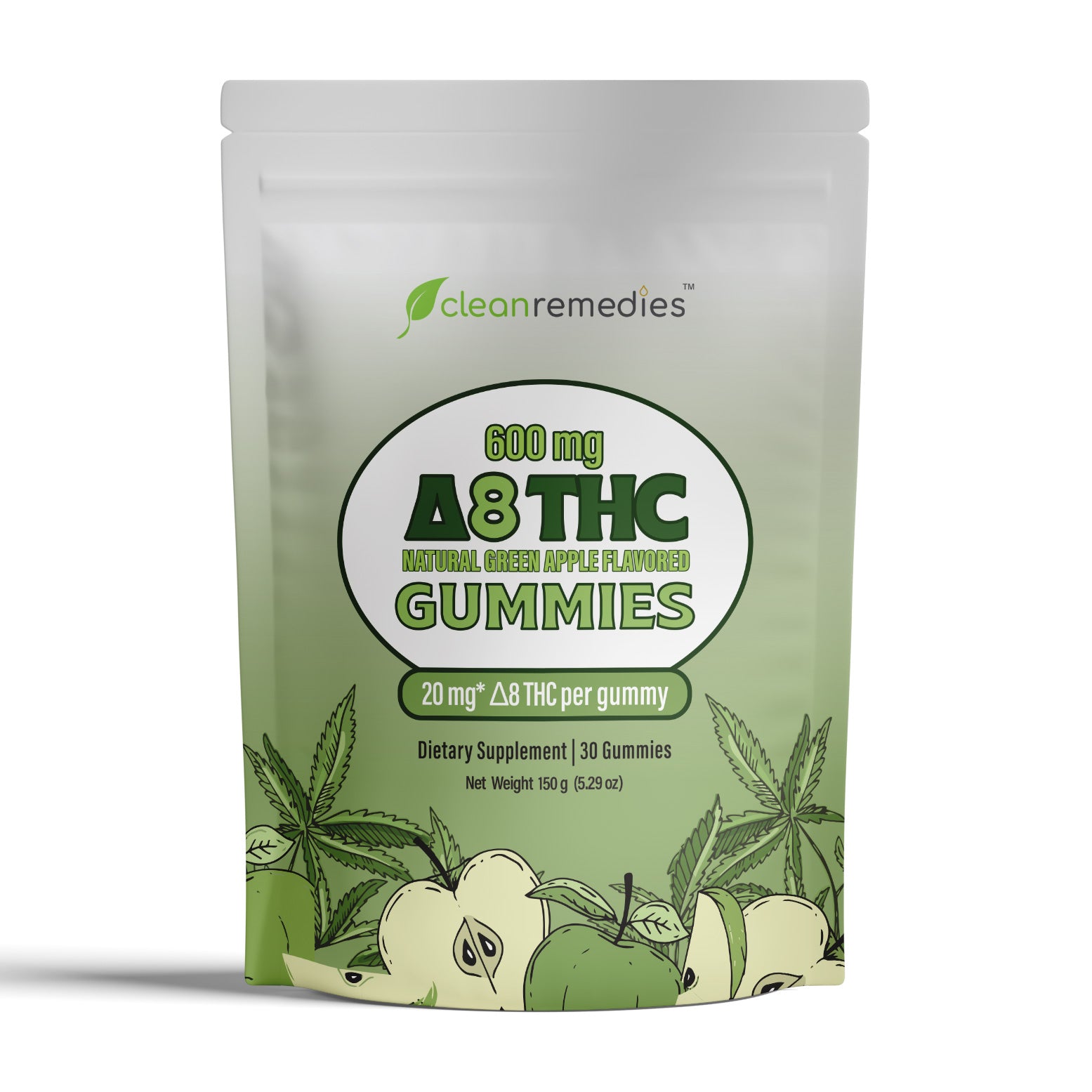 Packaging of clean remedies A8 THC gummies with green and white design.