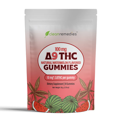 Packaging of clean remedies Delta 9 THC Natural Watermelon Flavored Gummies on a white background