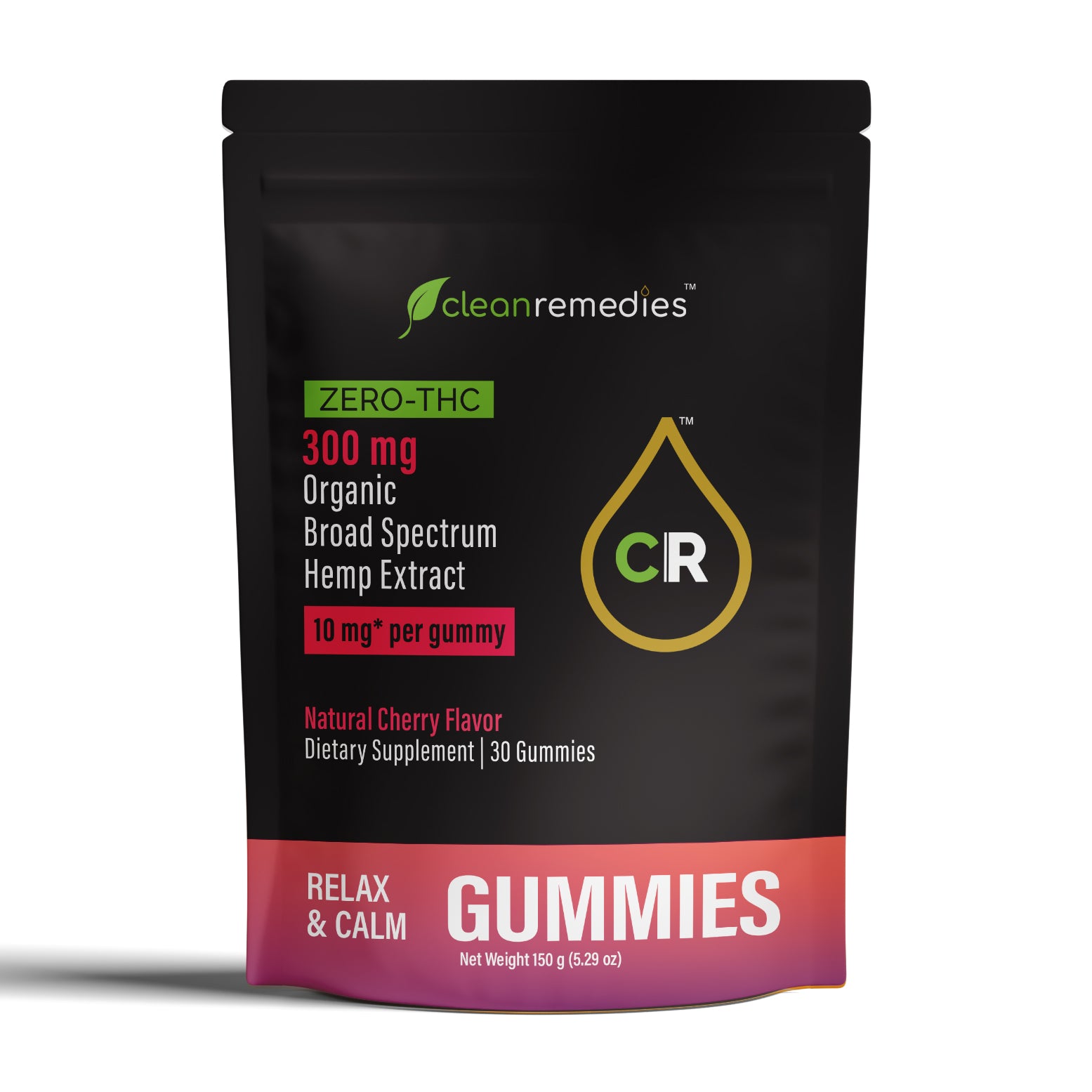Black package of clean remedies Gummies with text and branding on a white background - 30 Count / 300mg