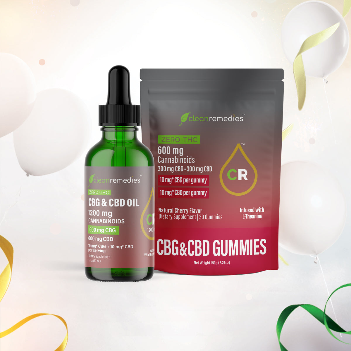 Green bottle of CBG & CBD oil and red package of CBG & CBD gummies on a white background with decorative elements.