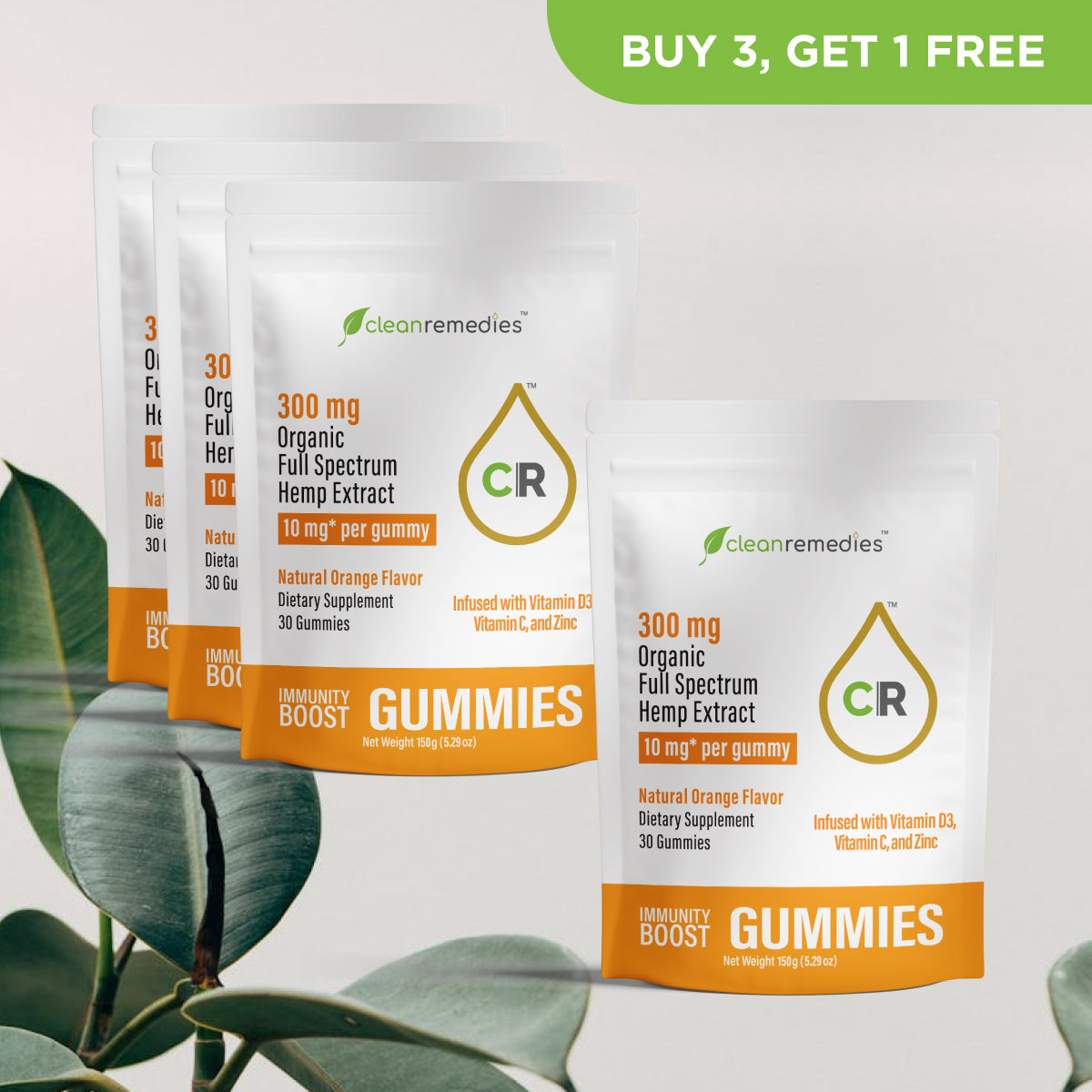 Clean Remedies gummies packaging with green leaves in the background