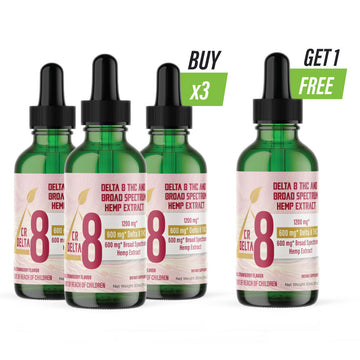 Four bottles of Delta 8 THC Tincture Oil, with each bottle having a dropper for dispensing. The packaging indicates a 1:1 ratio of Delta 8 THC and Broad Spectrum Hemp Extract, with options in Natural Strawberry and Natural Peppermint flavors.